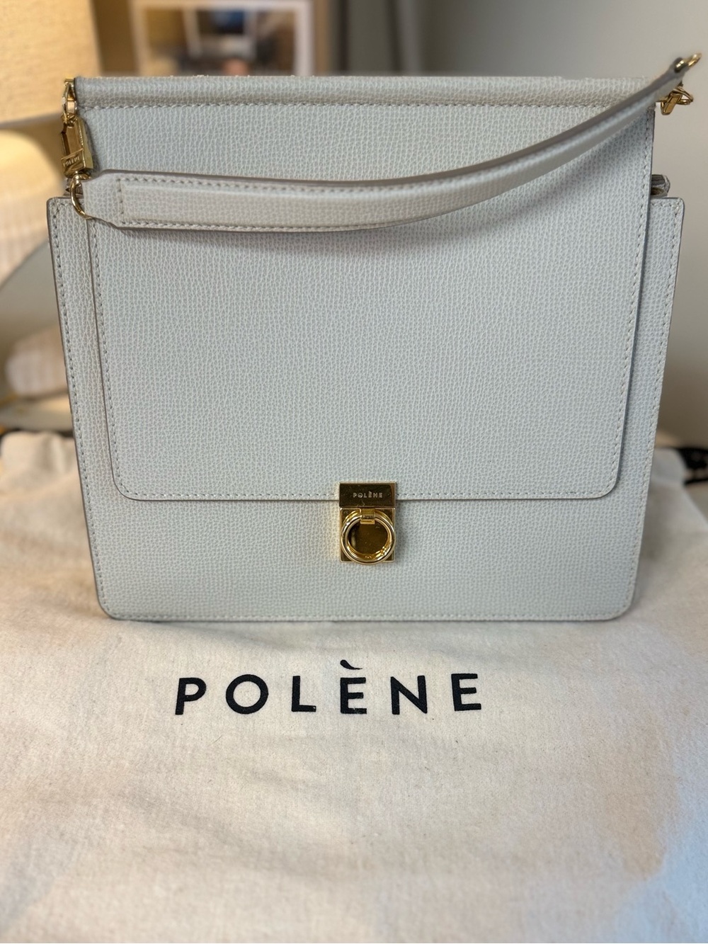 Polène Sept- Structured Top-Handle Satchel in Metallic Cream with Gold Hardware